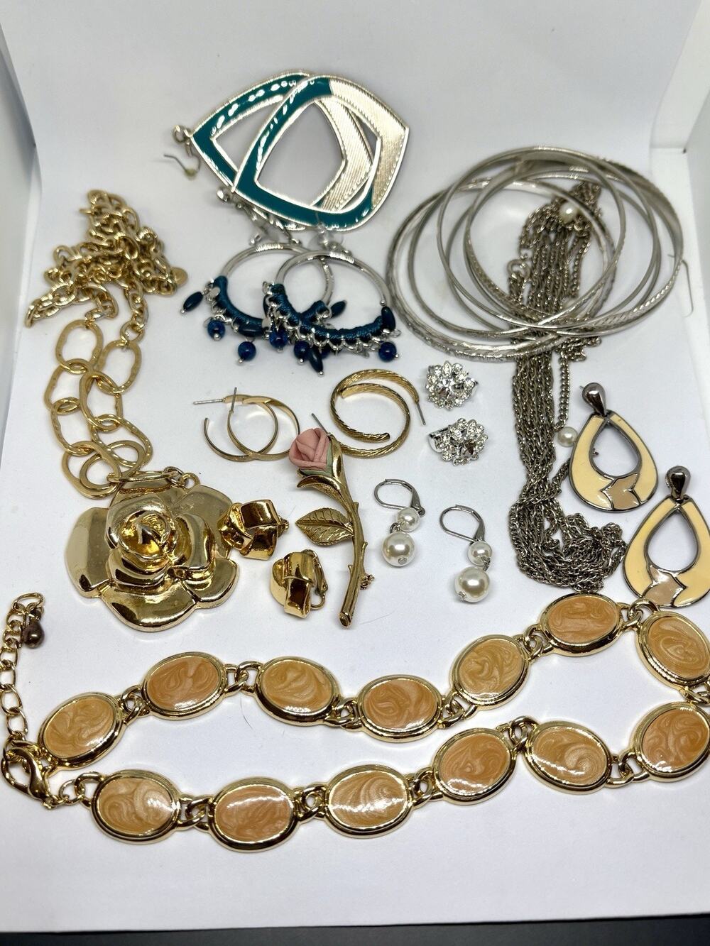 Vintage Golden Rose Floral Enamel Brooch Necklace Earrings Bangle Jewelry Lot